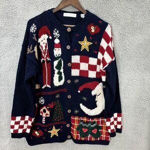 Valerie Stevens Christmas Cardigan M Blue Santa Snowman Moon Ugly Sweater Vtg